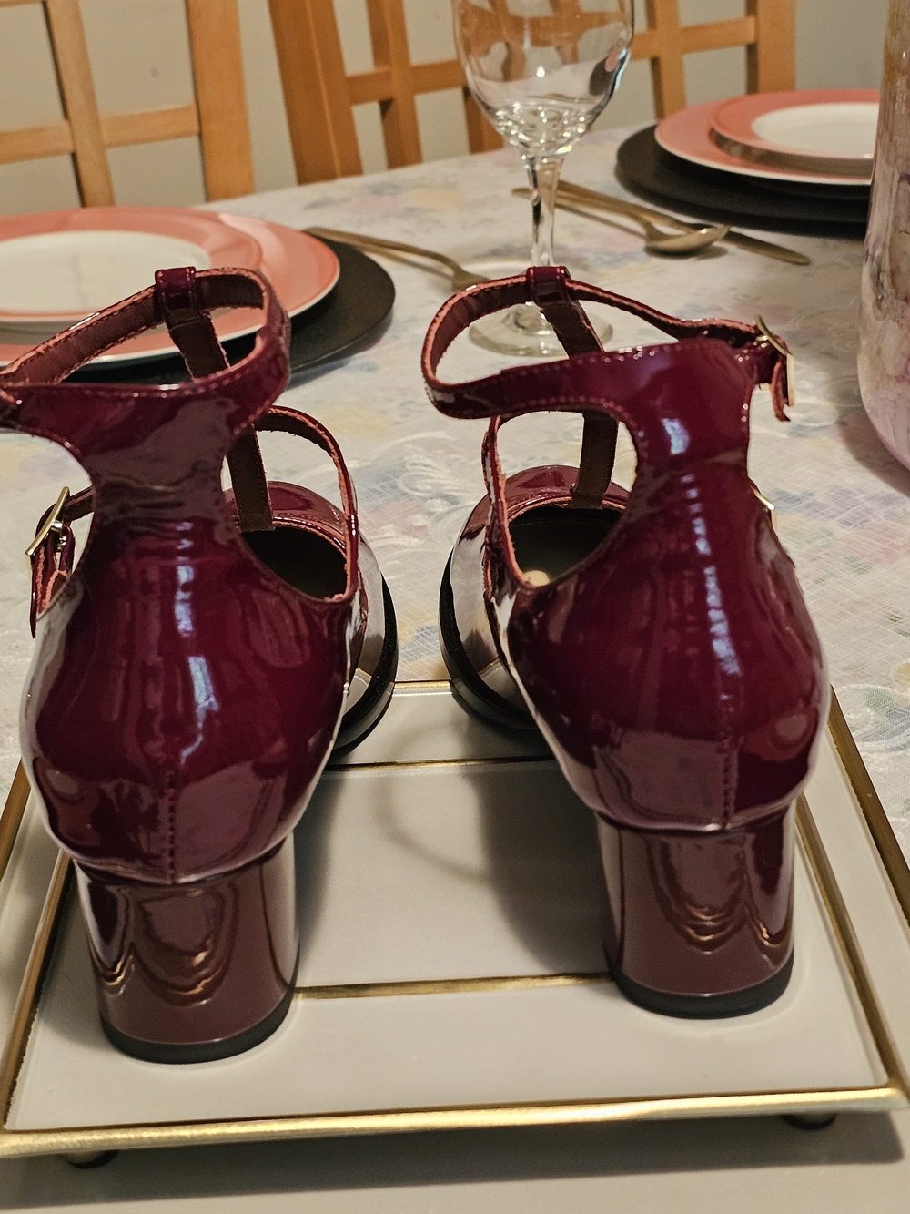 Dior  Patent T-Strap Block Heel Pumps - Burgundy